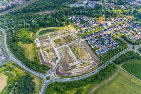 Aerial view, construction area at Sachsenring with housing estate in the district of Heessen, Hamm,