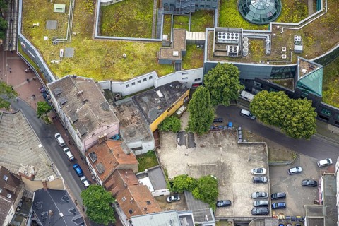 Aerial view, shopping centre, planned demolition residential building Ritterstraße 40, Mitte, Hamm,