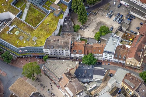 Aerial view, shopping centre, planned demolition residential building Ritterstraße 40, Mitte, Hamm,
