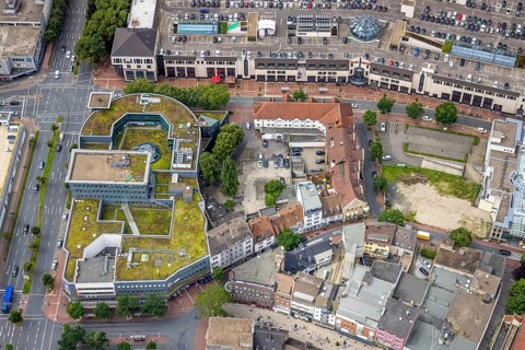 Aerial view, shopping centre, planned demolition residential building Ritterstraße 40, Mitte, Hamm,