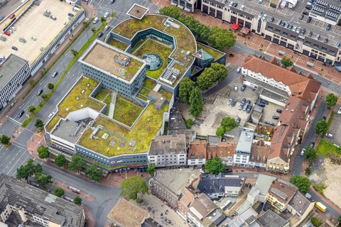 Aerial view, shopping centre, planned demolition of residential building at Ritterstraße 40, Mitte,