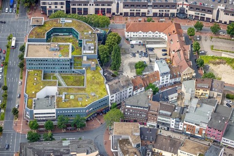 Aerial view, shopping centre, planned demolition residential building Ritterstraße 40, Mitte, Hamm,