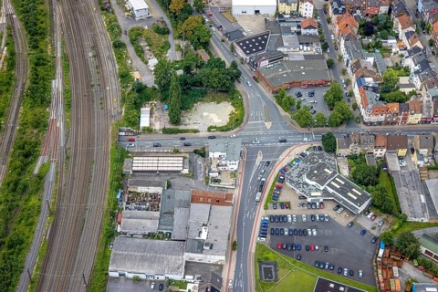 Aerial view, intersection Alleestraße and Östingstraße, Autohaus 2000, Mitte, Hamm, Ruhr area,