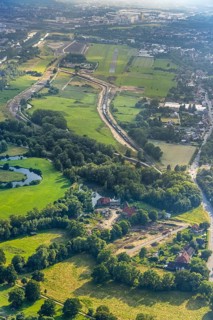 Aerial view, construction site for housing at the Schlossmühle am Mühlenteich, approach and