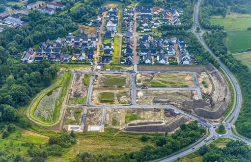 Aerial view, construction area at Sachsenring with housing estate in the district of Heessen, Hamm,