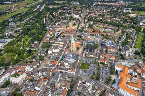 Aerial view, City with St. Pauluskirche, St. Marien-Hospital, Mitte, Hamm, Ruhr area, North