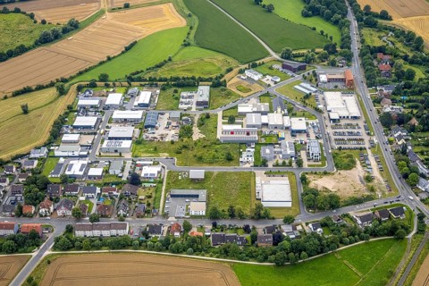 Aerial view, commercial quarter Hohefeld, Herbert-Rust-Weg, Uentrop, Hamm, Ruhr area, North