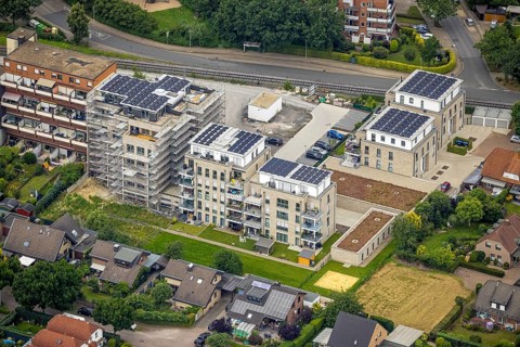 Aerial view, construction site and new construction, Augenweide residential complex, condominiums