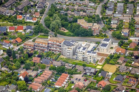 Aerial view, construction site and new construction, Augenweide residential complex, condominiums