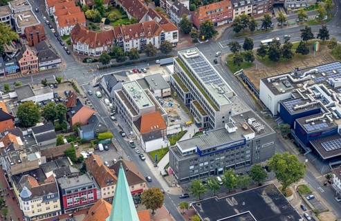 Aerial view, Radio Lippewelle Hamm and construction site with new building on Widumstraße for new