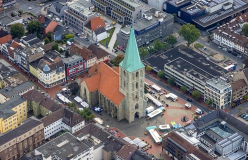 Aerial view, St Paul's Church with market square in the Mitte district of Hamm, Ruhr area, North