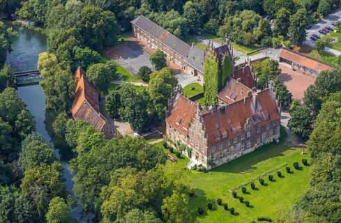 Aerial view, Heessen Castle on the River Lippe with public school and boarding school in the