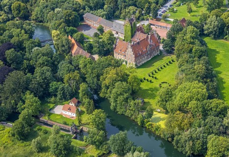 Aerial view, Heessen Castle on the River Lippe with public school and boarding school in the