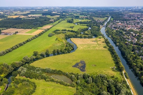 Aerial view, Lippe floodplain at Datteln-Hamm canal and river Lippe meander in Heessen, Hamm, Ruhr