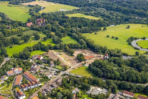 Aerial view, construction site and renovation of the Schlossmühle am Mühlengraben am Mühlenteich