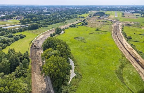 Aerial view, New course of the flood dyke between Münsterstraße and Fährstraße on the river Lippe