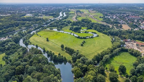 Aerial view, Lippe floodplain and millrace at the Datteln-Hamm canal and river Lippe in Heessen,