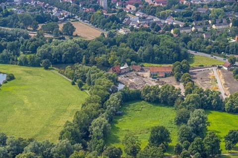 Aerial view, construction site and renovation of the Schlossmühle am Mühlengraben am Mühlenteich in