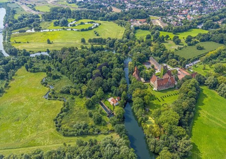 Aerial view, Heessen Castle on the river Lippe with public school and boarding school in the