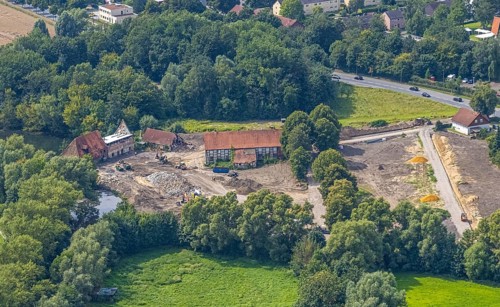 Aerial view, construction site and renovation of the Schlossmühle am Mühlengraben am Mühlenteich in