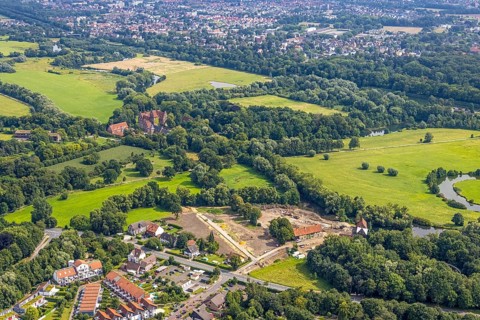 Aerial view, construction site and renovation of the Schlossmühle am Mühlengraben am Mühlenteich