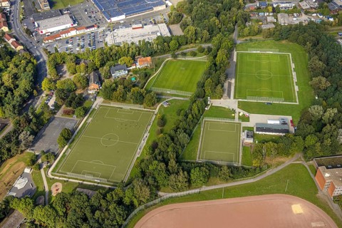 Aerial view, sports facility Adolf-Brühl-Stadion in the district Bockum-Hövel in Hamm, Ruhr area,