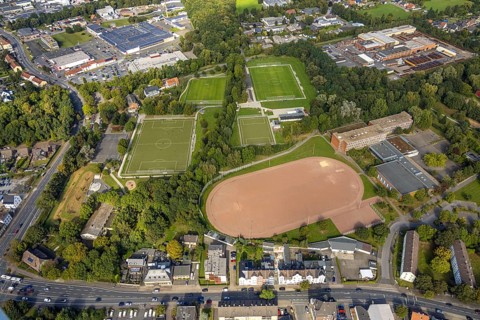 Aerial view, sports facility Adolf-Brühl-Stadion and Galilei-Gymnasium in the district Bockum-Hövel