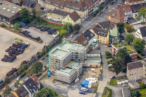 Aerial view, construction site with new building on Wilhelmstraße in the Mitte district of Hamm,