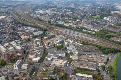 Aerial view, city centre view with Platz der Deutschen Einheit and Hamm central station in the