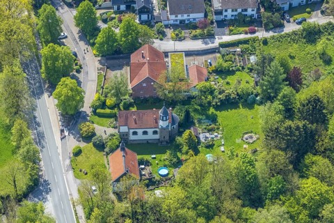 Aerial view, Hof Abtsküche, Chapel St. Jakobus Abtsküche, Hetterscheidt, Heiligenhaus, Ruhr area,