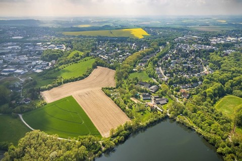 Aerial view, fields at the Abtskücher pond, Hetterscheidt, Heiligenhaus, Ruhr area, North