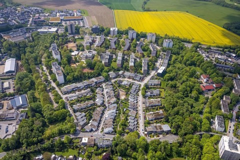 Aerial view, residential area and high-rise buildings Rhönstraße and Harzstraße, rape field on