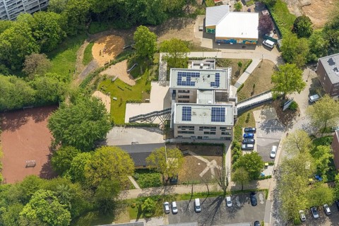 Aerial view, district and support centre Oberilp, former primary school Oberilp, residential area