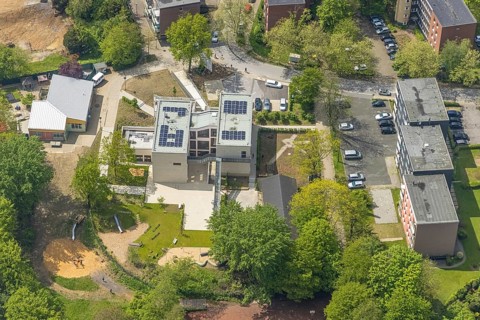 Aerial view, district and support centre Oberilp, former primary school Oberilp, residential area