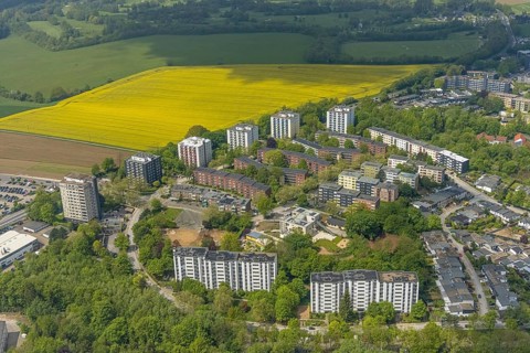 Aerial view, residential area and high-rise buildings Rhönstraße, district and development centre