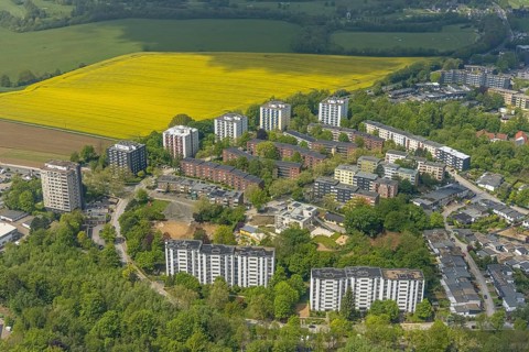 Aerial view, residential area and high-rise buildings Rhönstraße, district and development centre
