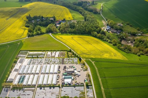 Aerial view, container nursery and perennials Kunz, Leubeck, Heiligenhaus, Ruhr area, North