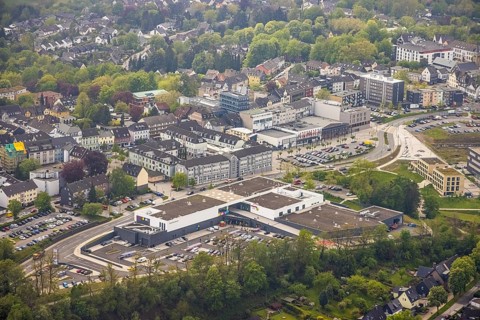 Aerial view, shopping centre Forum Hitzbleck, construction site and new building at Hefelmann-Park,