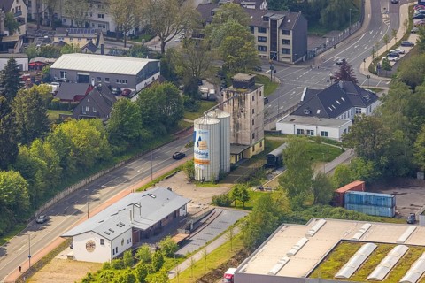 Aerial view, panorama cycle path at the old granary, Leubeck, Heiligenhaus, Ruhr area, North
