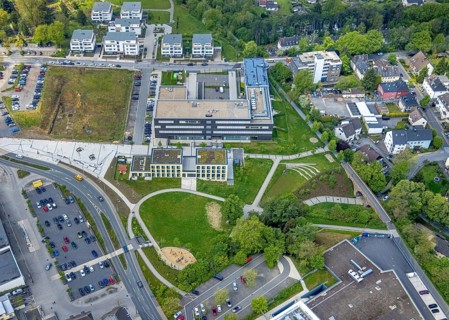 Aerial view, Hefelmannpark and Heiligenhaus public library, Campusallee, Leubeck, Heiligenhaus,