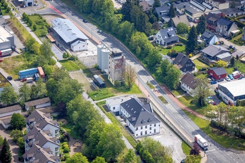 Aerial view, panorama cycle path at the old granary, Leubeck, Heiligenhaus, Ruhr area, North
