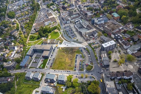 Aerial view, Hefelmannpark and Heiligenhaus public library, Campusallee, Leubeck, Heiligenhaus,