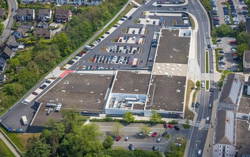 Aerial view, shopping centre Forum Hitzbleck, construction site and new building at Hefelmann-Park,