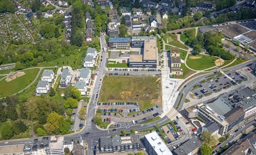 Aerial view, Hefelmannpark and Heiligenhaus public library, Campusallee, Leubeck, Heiligenhaus,