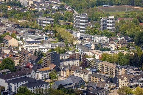 Aerial view, residential area with high-rise buildings, Leubeck, Heiligenhaus, Ruhr area, North