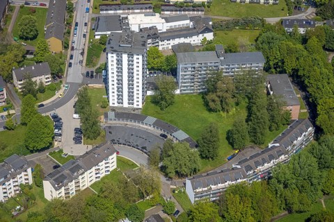 Aerial view, residential area with high-rise buildings Werkerhofplatz, district Nonnenbruch,
