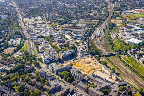 Aerial view, construction site new literature quarter for offices and flats on Sachsenstraße with