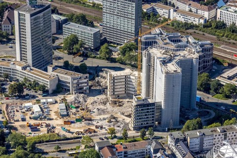 Aerial view, demolition Ypsilon-Haus of RWE headquarters Essen in the Huyssenallee, planned new