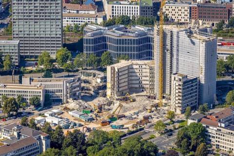 Aerial view, demolition Ypsilon-Haus of RWE headquarters Essen in the Huyssenallee, planned new