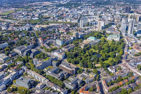 Aerial view, city centre view Essen with demolition Ypsilon-Haus of RWE headquarters Essen and city